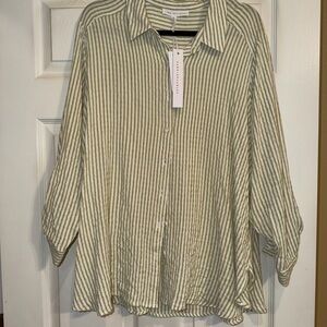 Jane and Delancey Olive Green and White Striped Button-Down Shirt. NWT